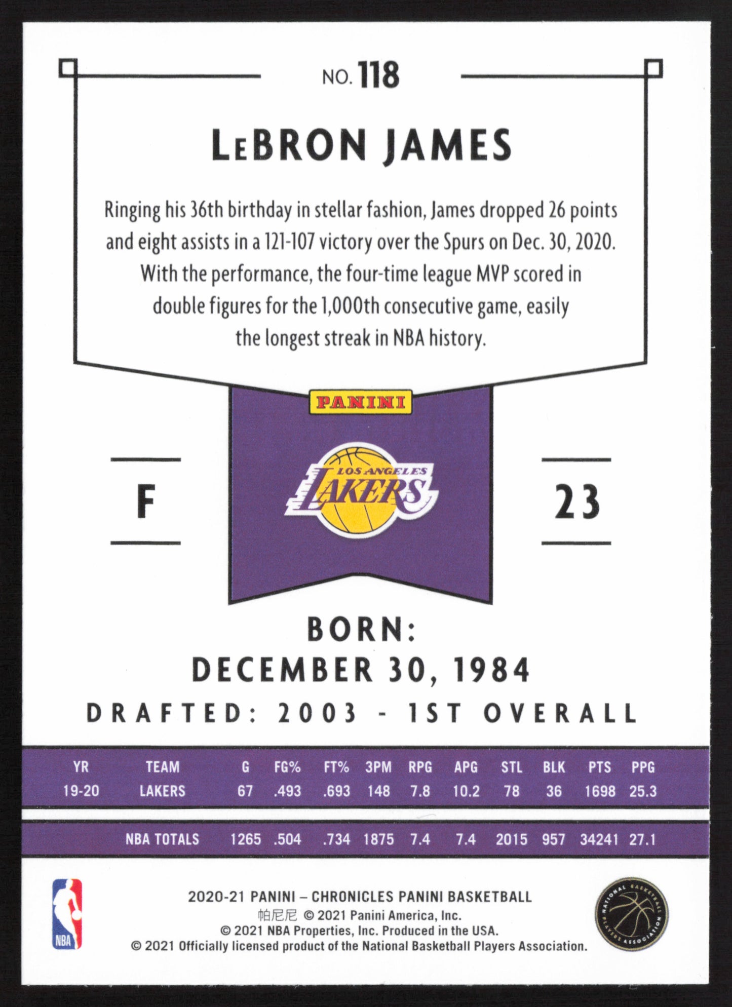 2020-21 Panini Chronicles #118 LeBron James