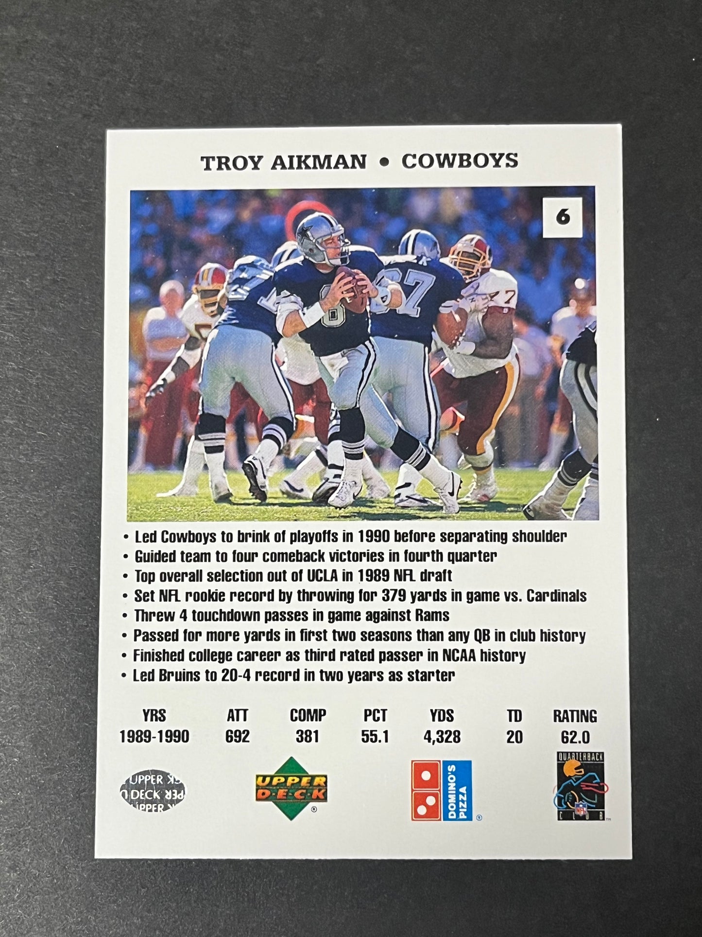 1993, 1995, 1999, 2000 Troy Aikman 4 card lot Dominos, Score, Pinnacle, Select