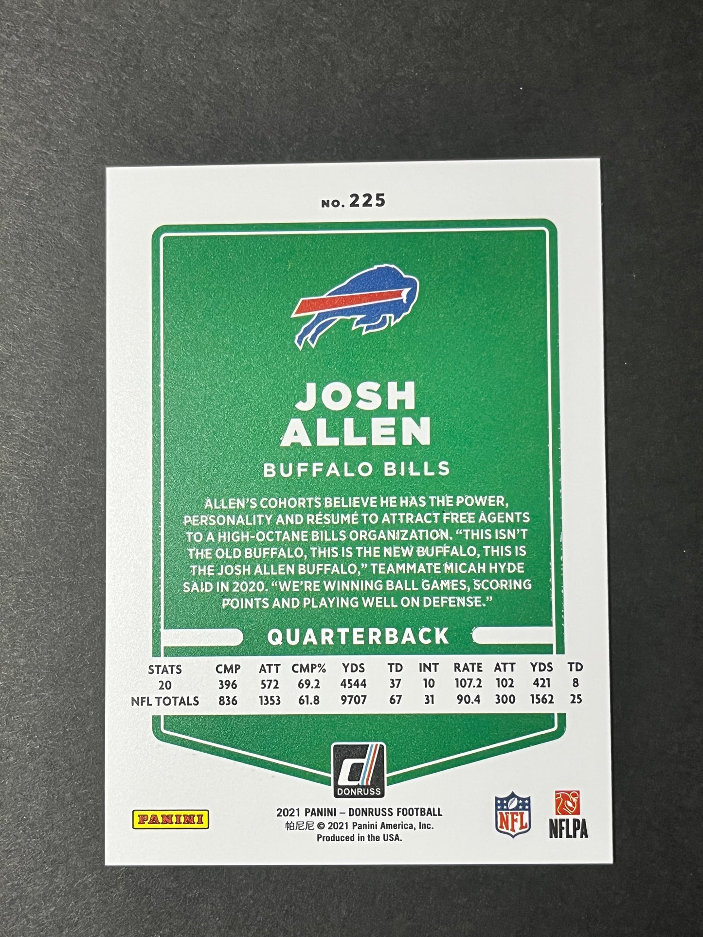2021 Donruss Josh Allen GOLD Press Proof! #225 variation no helmet / mask