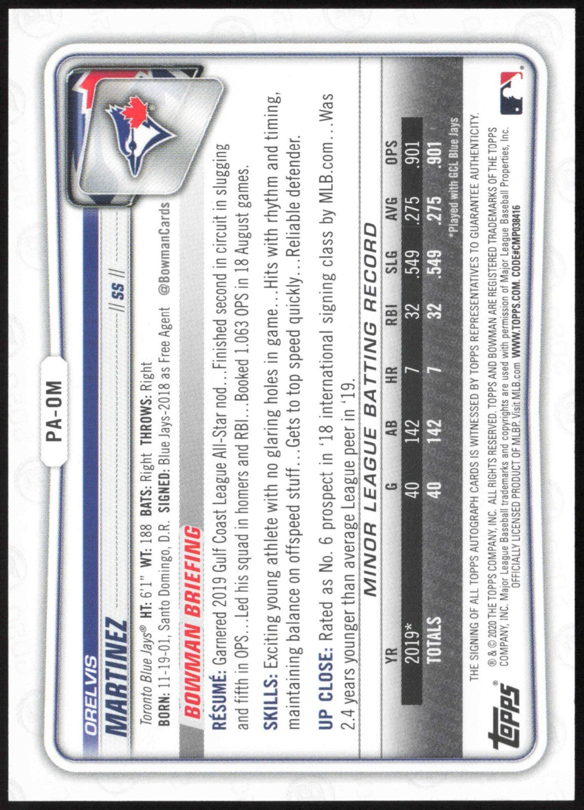 2020 Bowman Baseball Prospect Autographs Blue Orelvis Martinez #PA-OM Auto 106/150 - back