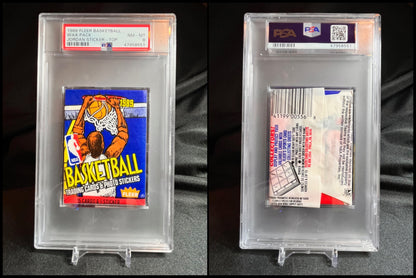 1989 Fleer Basketball Wax Pack with Michael Jordan Sticker on Top PSA 8