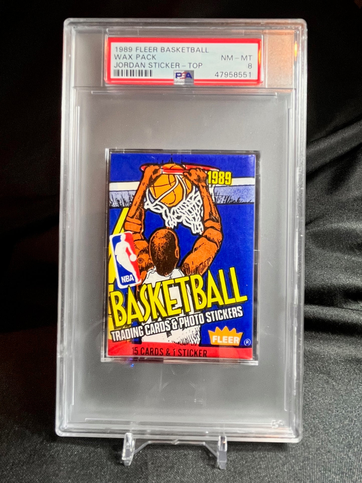 1989 Fleer Basketball Wax Pack with Michael Jordan Sticker on Top PSA 8