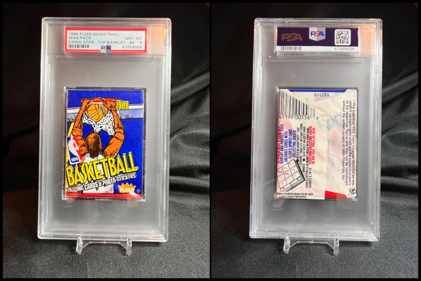 1989 Fleer Basketball Wax Pack PSA 8 Patrick Ewing Sticker on top Charles Barkley on the back