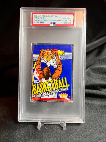 1989 Fleer Basketball Wax Pack PSA 8 Patrick Ewing Sticker on top Charles Barkley on the back