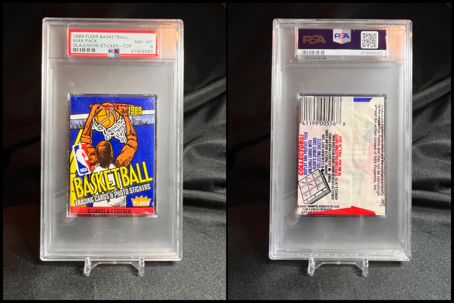 1989 Fleer Basketball PSA 8 Graded Pack Hakeem Olajuwon sticker on top!