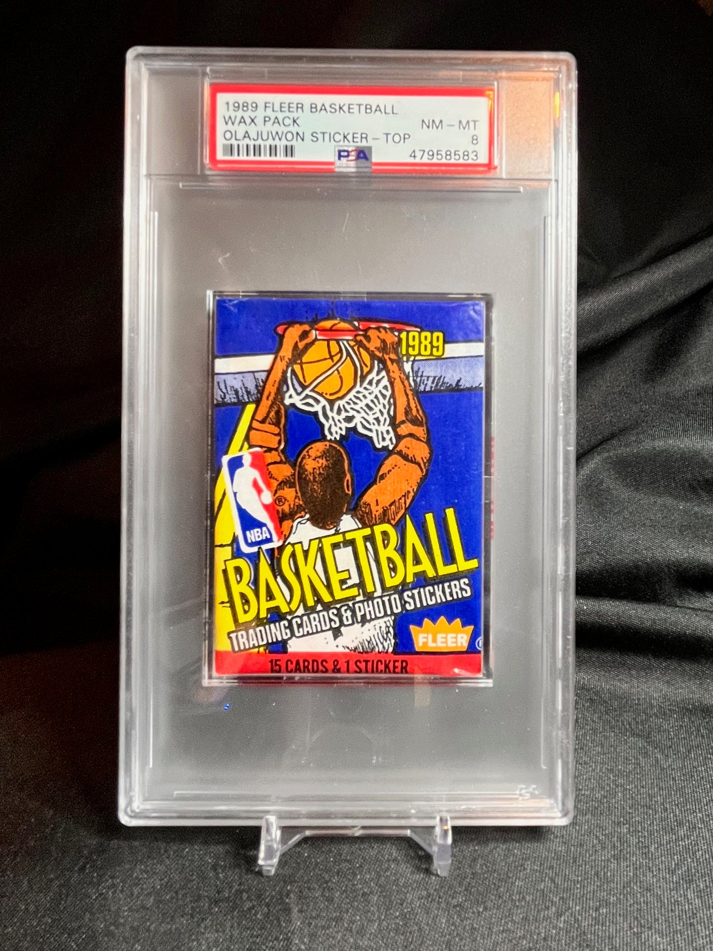1989 Fleer Basketball PSA 8 Graded Pack Hakeem Olajuwon sticker on top!