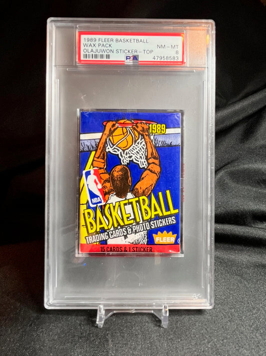 1989 Fleer Basketball PSA 8 Graded Pack Hakeem Olajuwon sticker on top!