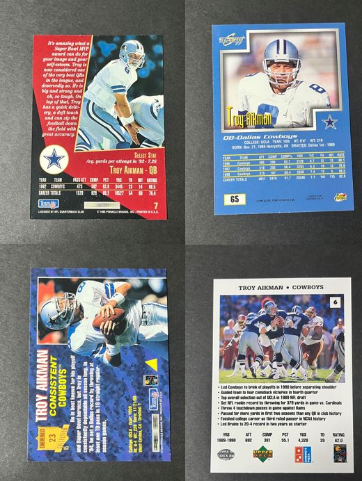 1993, 1995, 1999, 2000 Troy Aikman 4 card lot Dominos, Score, Pinnacle, Select