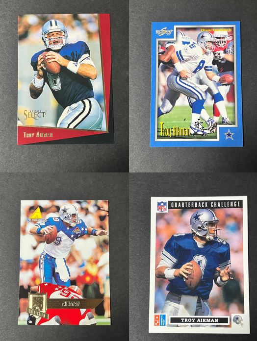 1993, 1995, 1999, 2000 Troy Aikman 4 card lot Dominos, Score, Pinnacle, Select