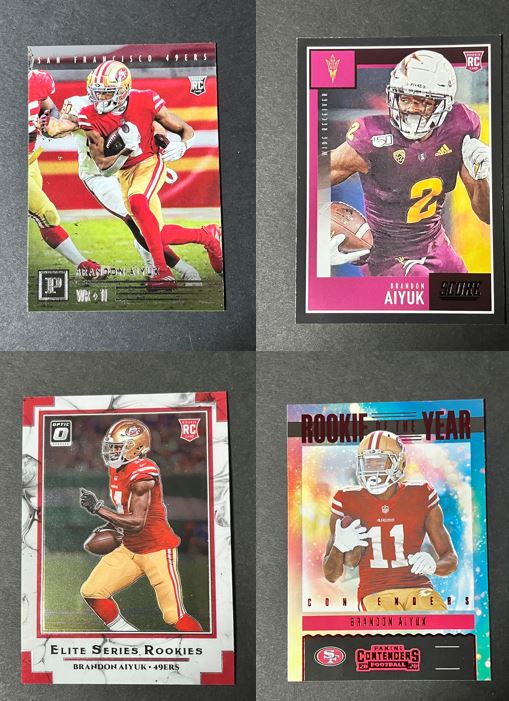 (4) Card Lot Brandon Aiyuk RCs 2020 Donruss Elite, Chronicles, Score, Optic