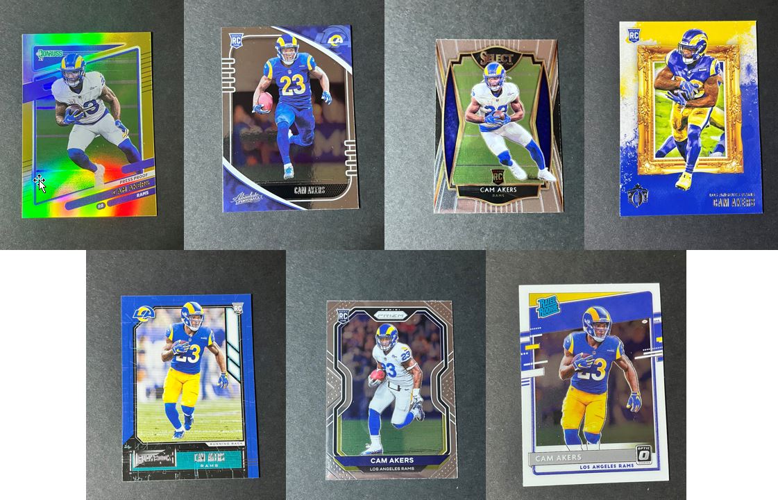 (7) Card Lot - 2020 Donruss, Absolute, Chronicles, Prizm- Cam Akers RC