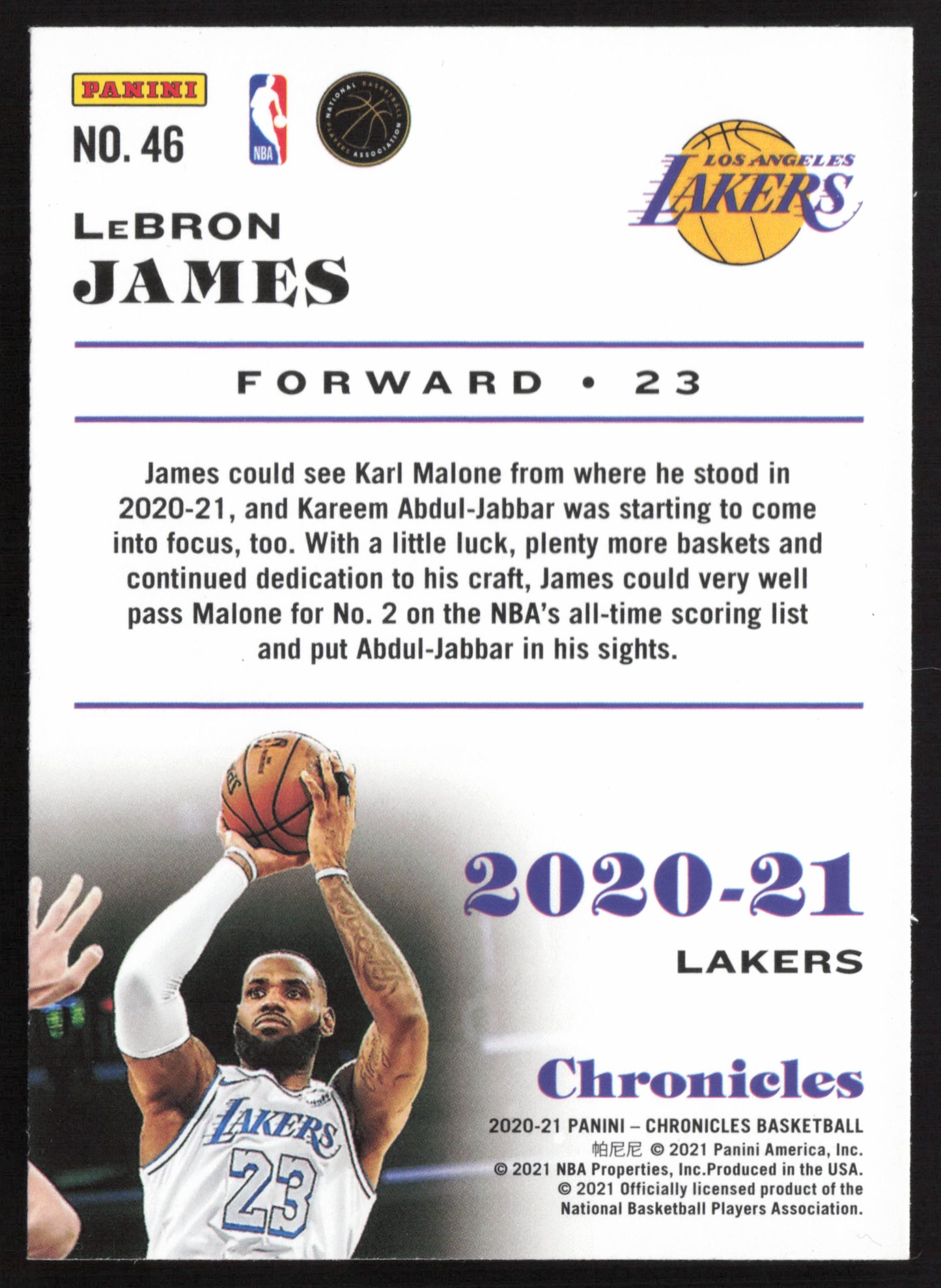 LeBron James 2020-21 Panini Chronicles Basketball #46 Los Angeles Lakers