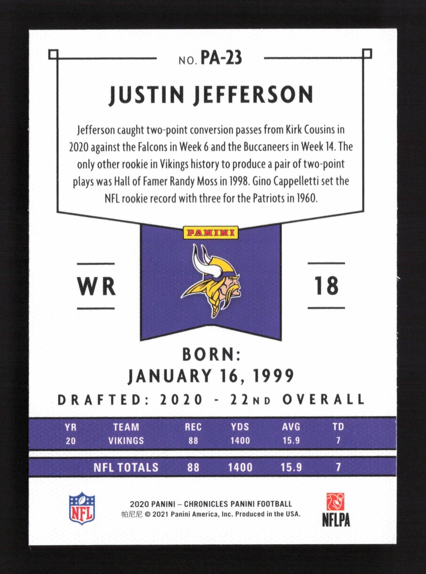 4x 2020 Panini Chronicles - Panini #PA-23 Justin Jefferson (RC) QTY4