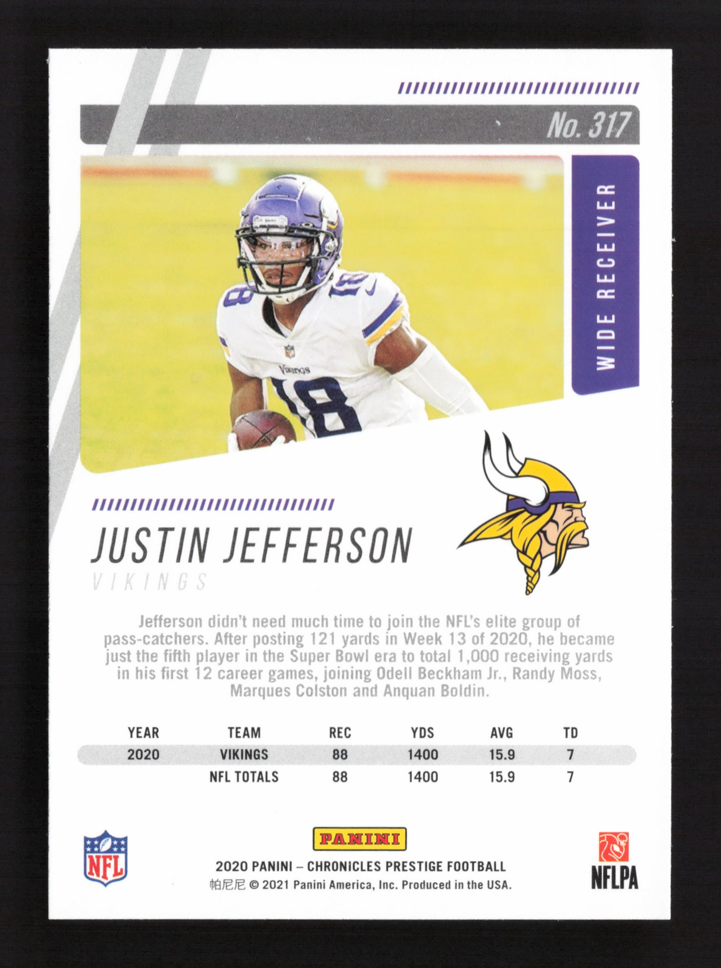 2x 2020 Panini Chronicles Prestige Justin Jefferson Rookie #317 QTY 2!