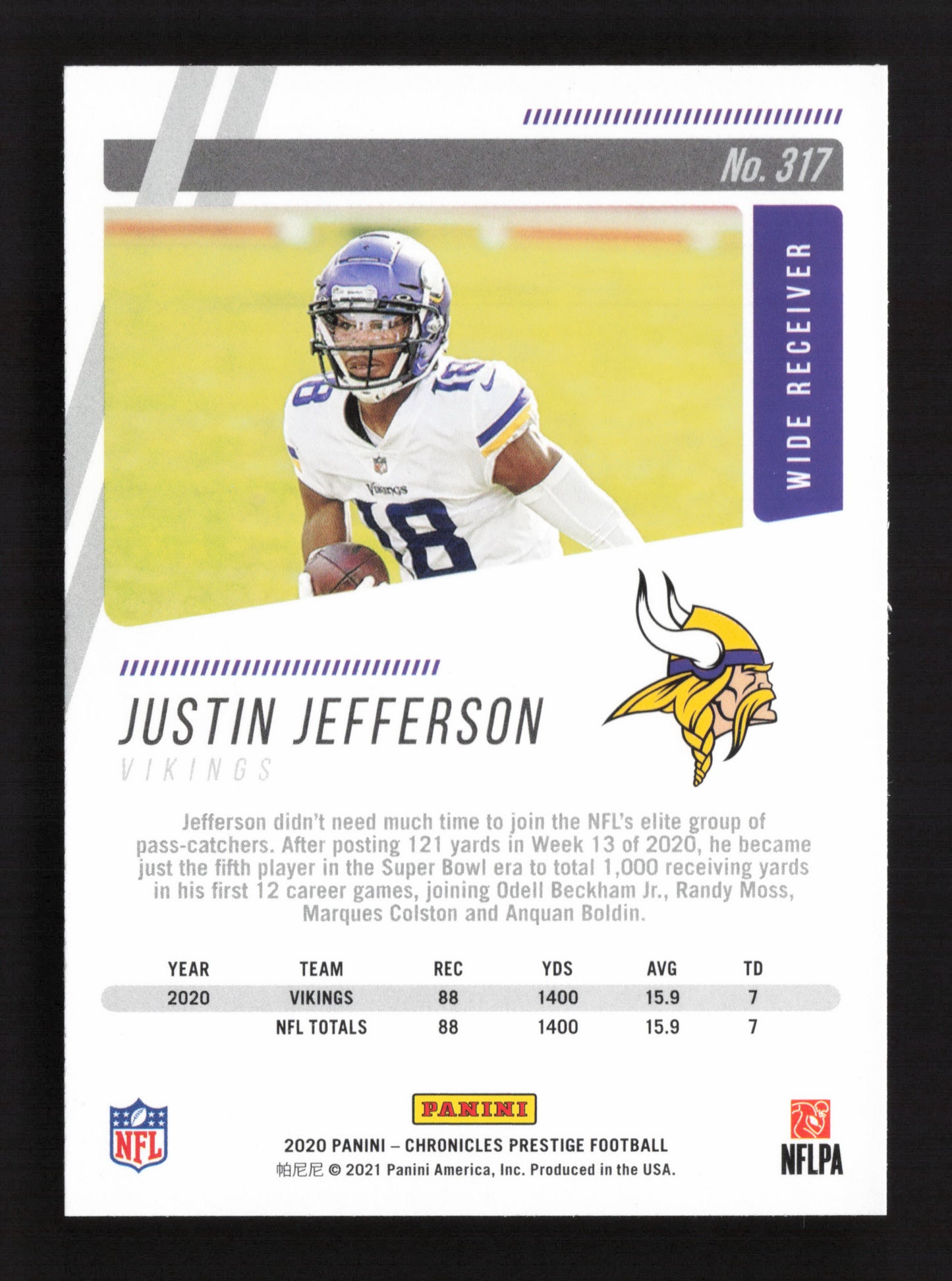 2x 2020 Panini Chronicles Prestige Justin Jefferson Rookie #317 QTY 2!