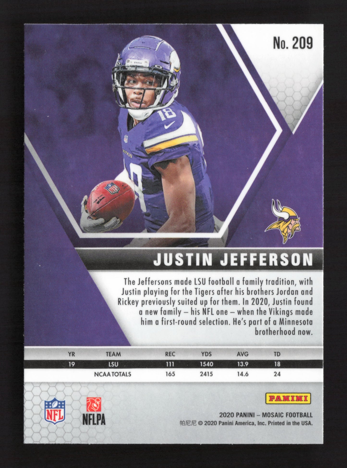 2020 Panini Mosaic Rookies #209 Justin Jefferson RC