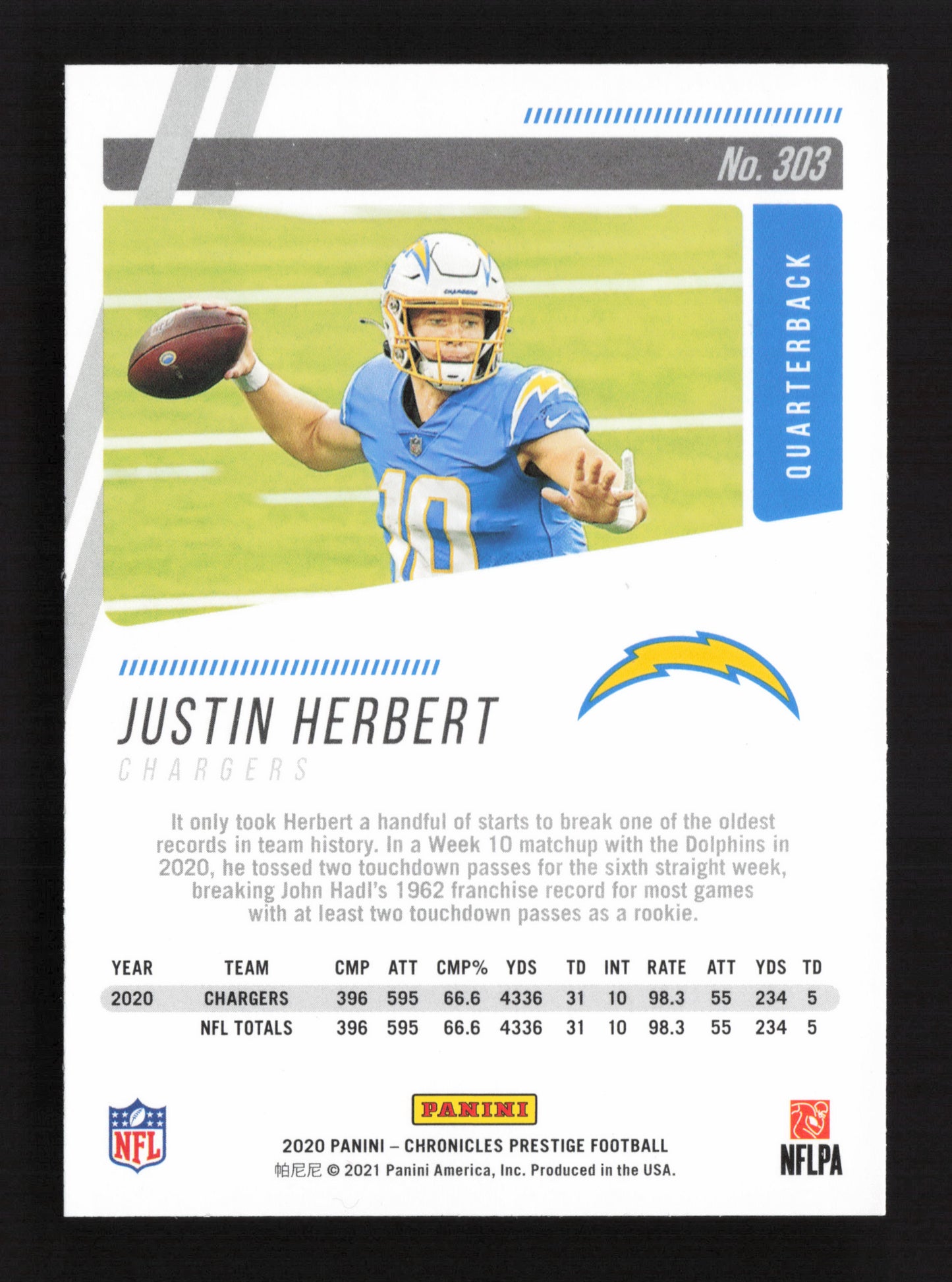 2x 2020 Panini Chronicles - Prestige Rookies #303 Justin Herbert (RC) QTY 2!