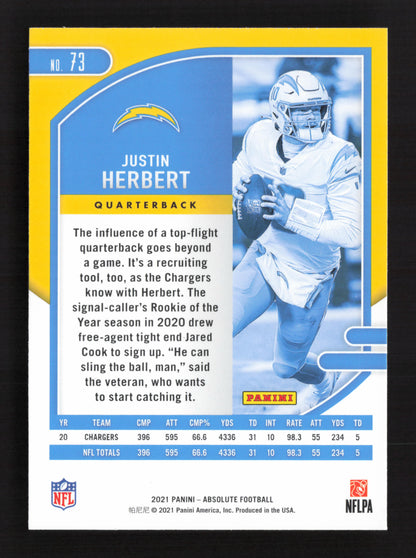 5x Justin Herbert 2021 Panini Absolute #73 1x Green 4 x Base QTY 5 CARDS