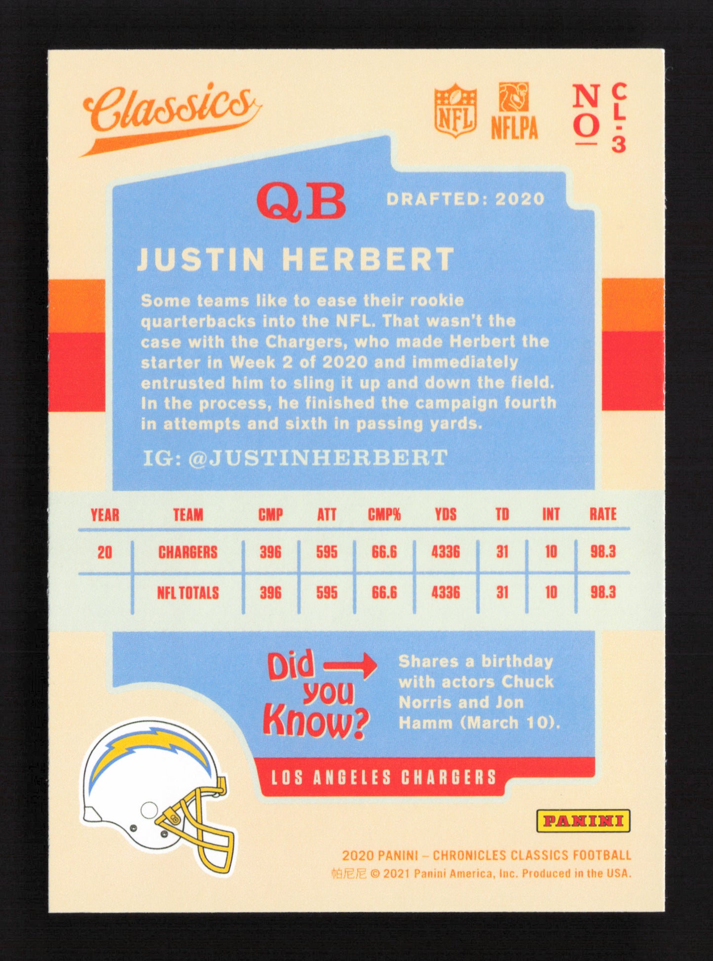 2020 Panini Chronicles - Classics #CL-3 Justin Herbert (RC)