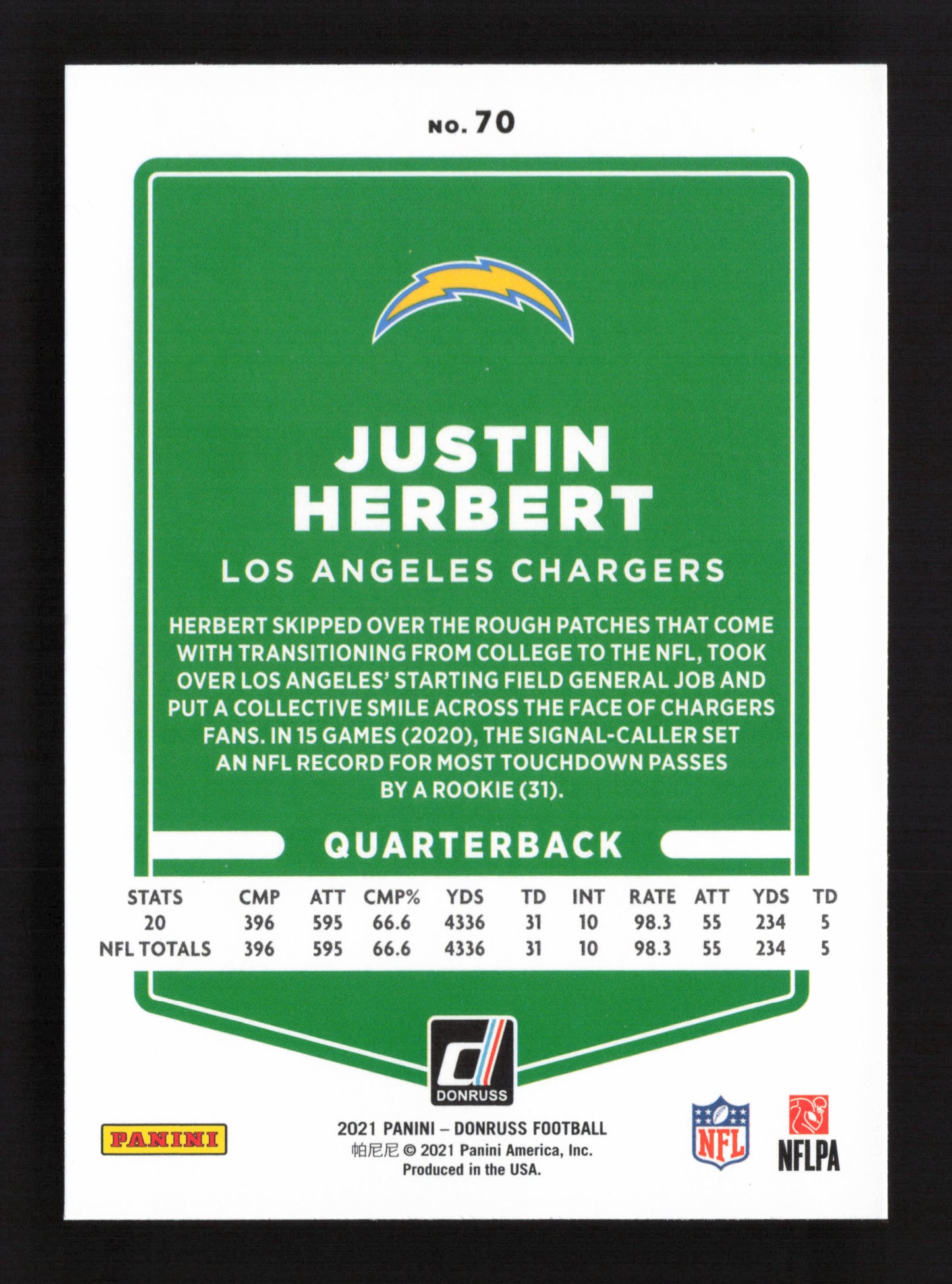 3x 2021 Donruss Football Justin Herbert #70 QTY 3 Card Lot