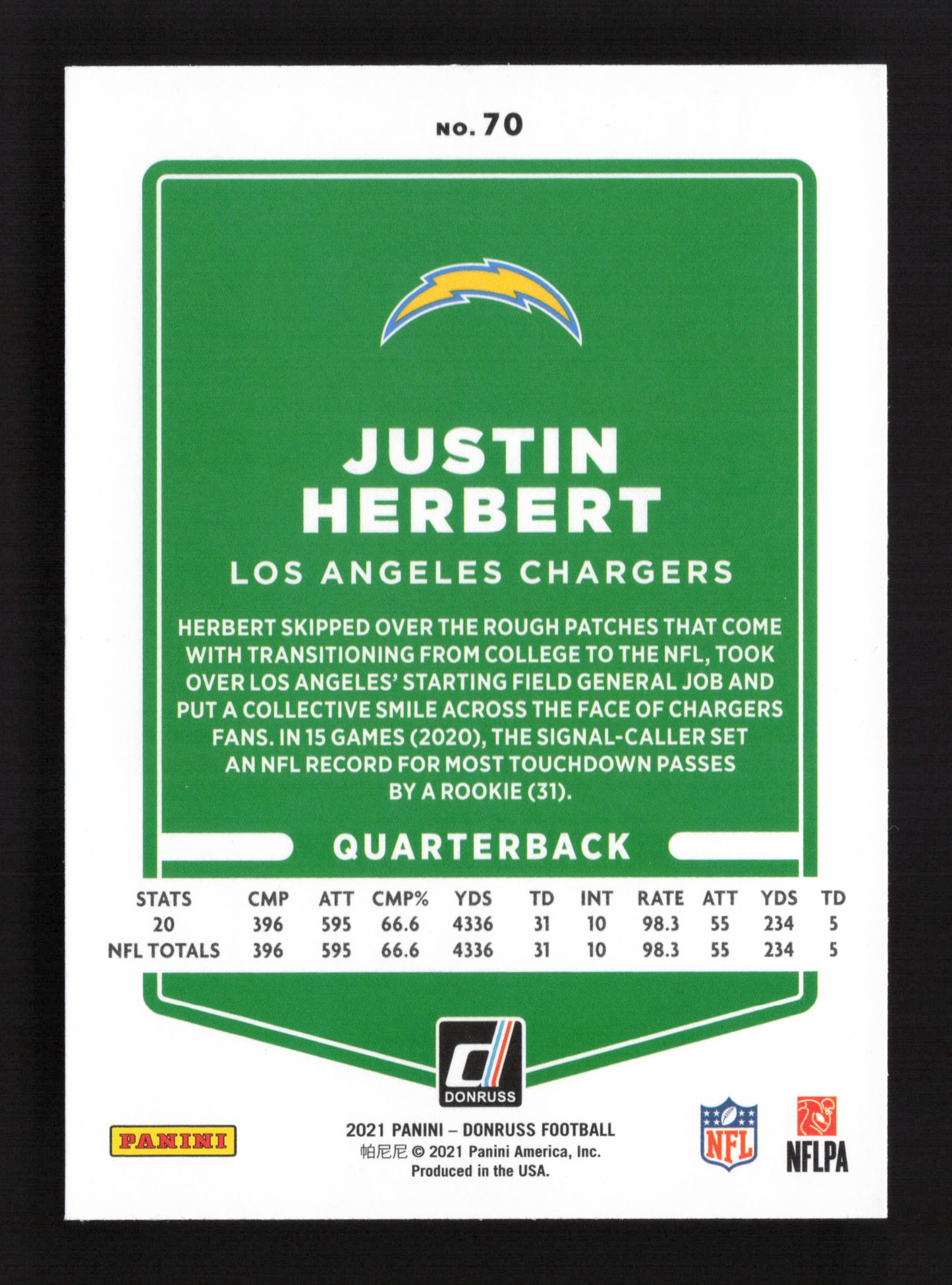 3x 2021 Donruss Football Justin Herbert #70 QTY 3 Card Lot