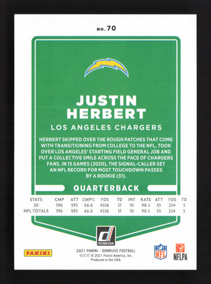 4x 2021 Panini Donruss Justin Herbert #70 & #HI-22  Justin Herbert QTY 4 CARDS!