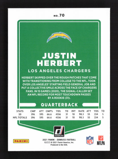 4x 2021 Panini Donruss Justin Herbert #70 & #HI-22  Justin Herbert QTY 4 CARDS!