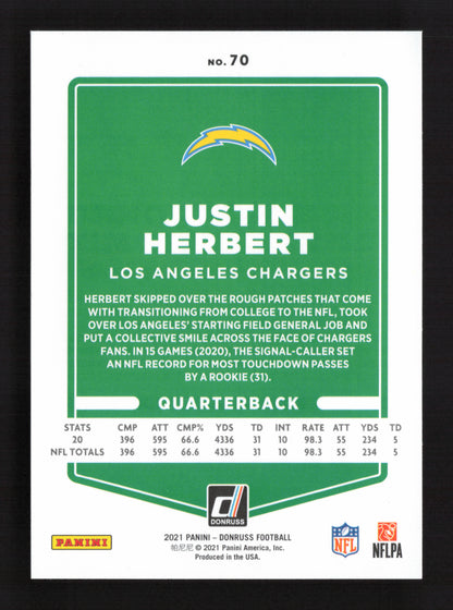 4x 2021 Panini Donruss Justin Herbert #70 & #HI-22  Justin Herbert QTY 4 CARDS!