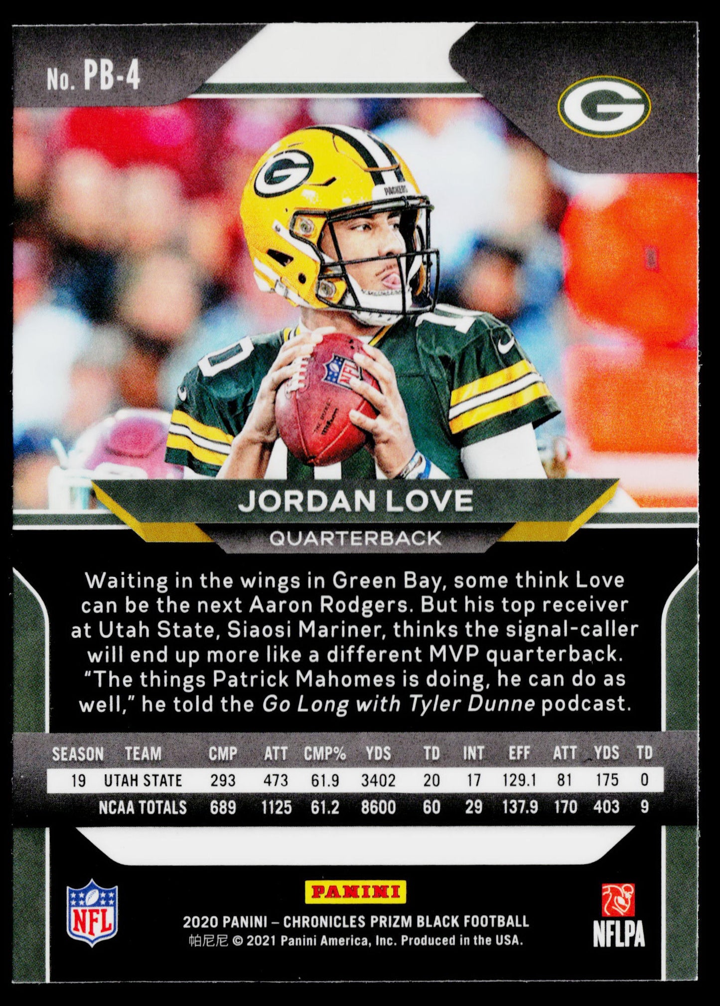 2020 Panini Chronicles - Prizm Black #PB-4 Jordan Love (RC)