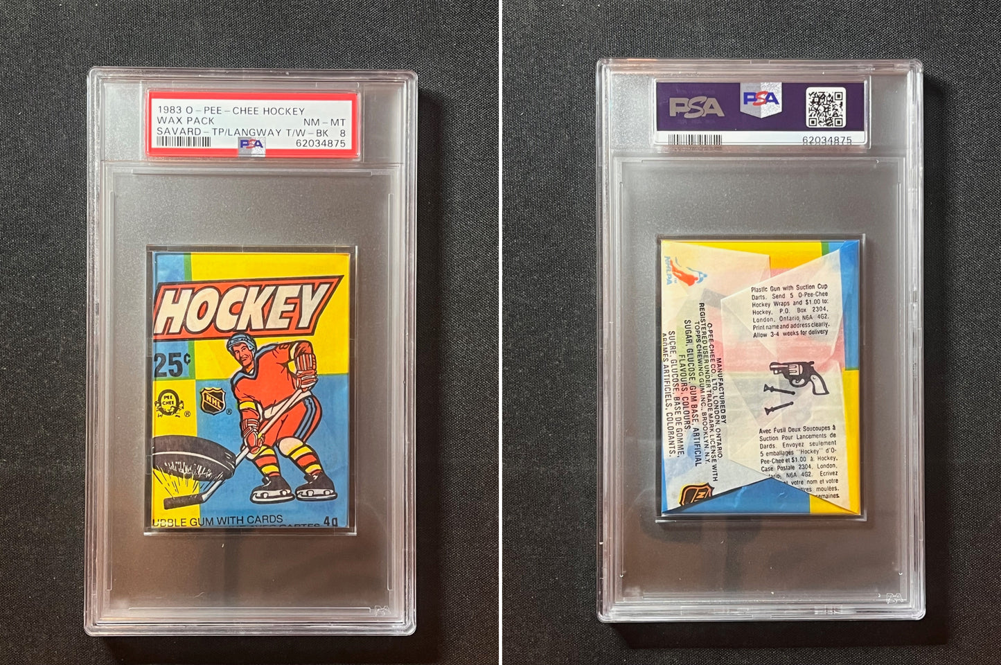1983-84 O-PEE-CHEE Hockey PACK PSA 8 Denis Savard & Rod Langway Trophy Winner on back