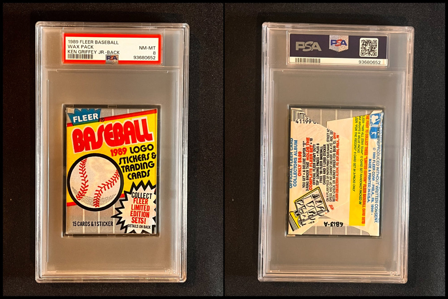 1989 Fleer Baseball Wax Pack w/ Ken Griffey Jr on Back! graded PSA 8