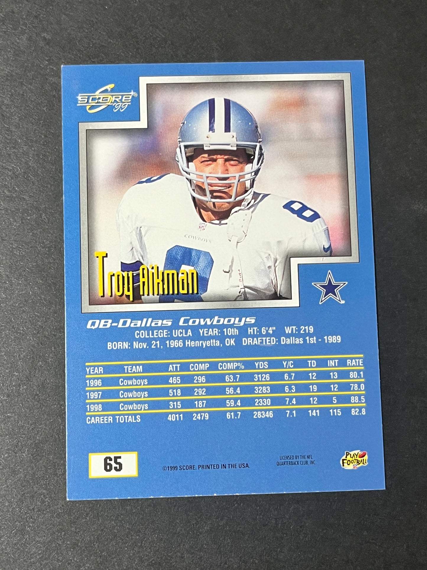 1993, 1995, 1999, 2000 Troy Aikman 4 card lot Dominos, Score, Pinnacle, Select