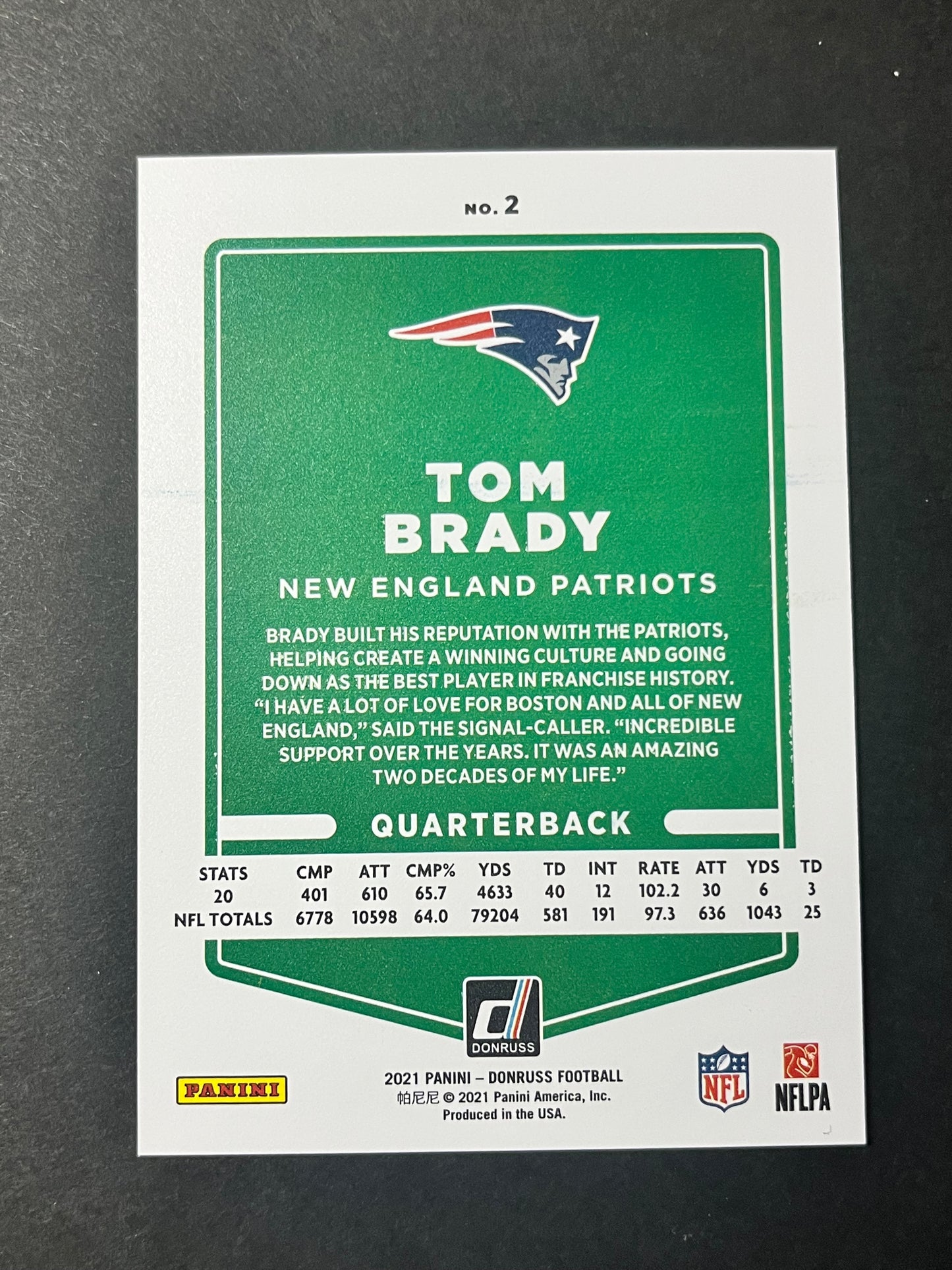 2021 Donruss Football Tom Brady PRESS PROOF GOLD #2