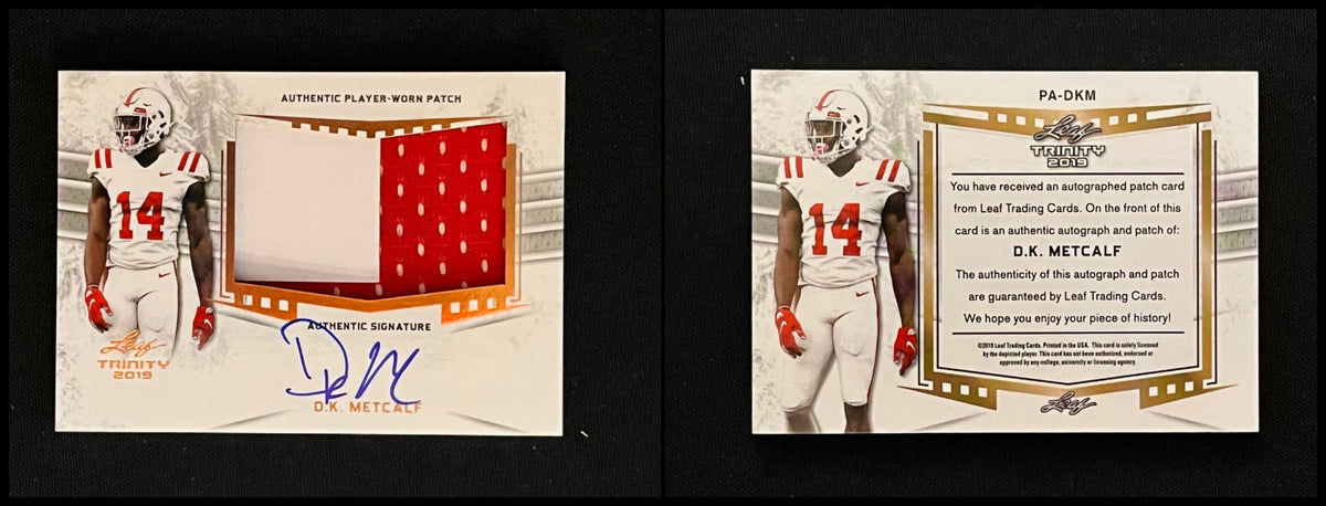 2019 Leaf Trinity DK Metcalf Authentic Player-Worn Patch On-Card Auto #PA-DKM - front and back