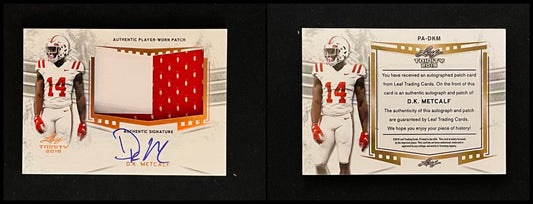2019 Leaf Trinity DK Metcalf Authentic Player-Worn Patch On-Card Auto #PA-DKM - front and back