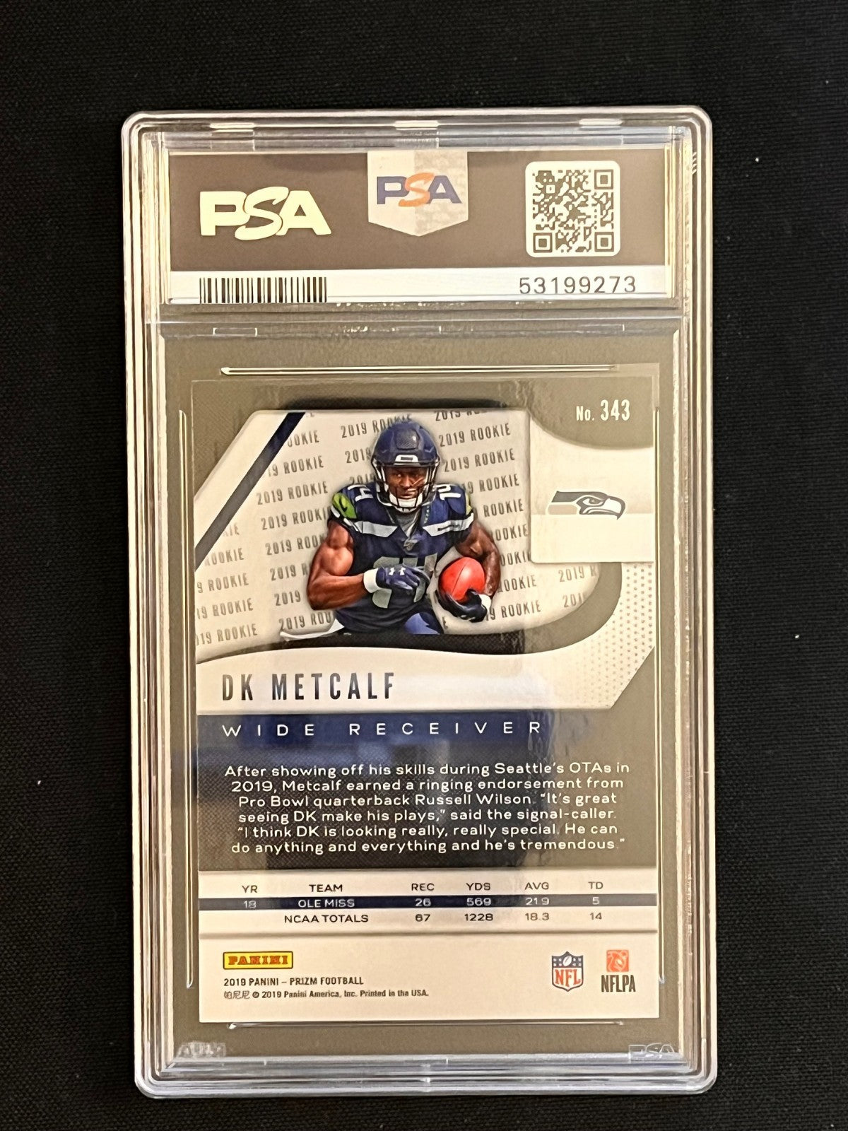 2019 Panini Prizm Football DK Metcalf Rookie #343 – PSA 10 - slab back