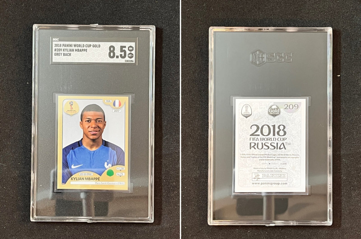 2018 Panini World Cup Gold Kylian Mbappé #209 Grey Back Sticker – SGC 8.5 - slab front and back