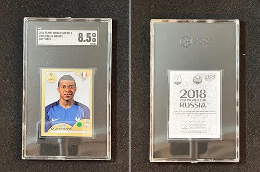 2018 Panini World Cup Gold Kylian Mbappé #209 Grey Back Sticker – SGC 8.5 - slab front and back