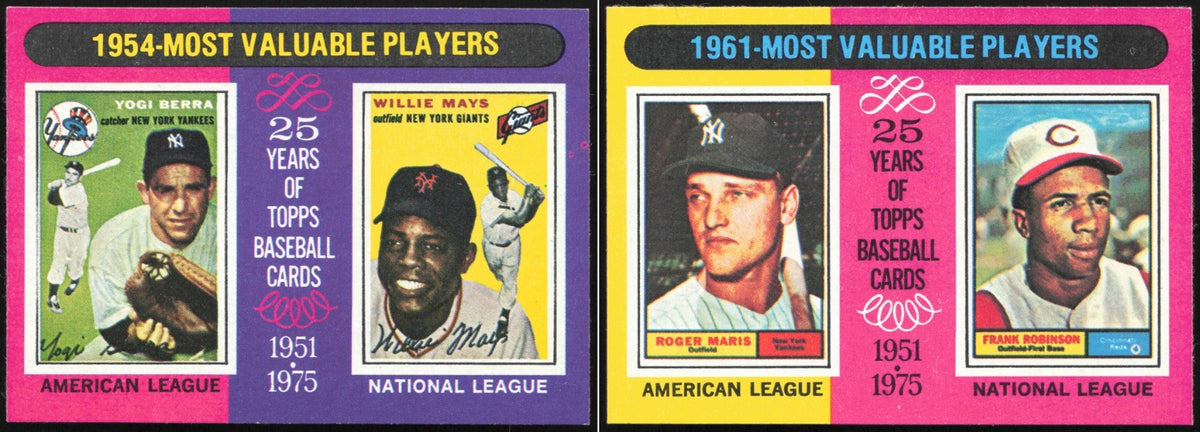 1975 Topps Mini Baseball 2-Card Lot 1954 MVPs Berra/Mays #192 & 1961 MVPs Maris/Robinson #199 - both fronts