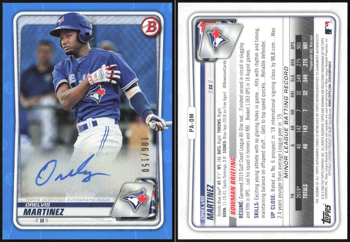 2020 Bowman Baseball Prospect Autographs Blue Orelvis Martinez #PA-OM Auto 106/150 - front and back
