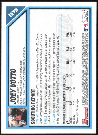 2007 Bowman Draft Picks & Prospects Baseball Joey Votto #BDPP98 - back
