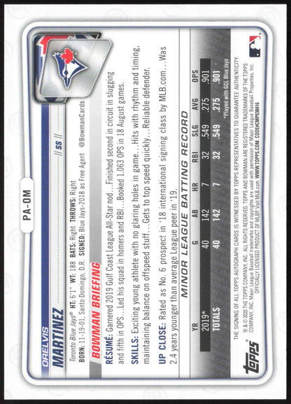 2020 Bowman Baseball Prospect Autographs Blue Orelvis Martinez #PA-OM Auto 106/150 - back