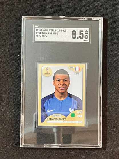 2018 Panini World Cup Gold Kylian Mbappé #209 Grey Back Sticker – SGC 8.5 - slab front
