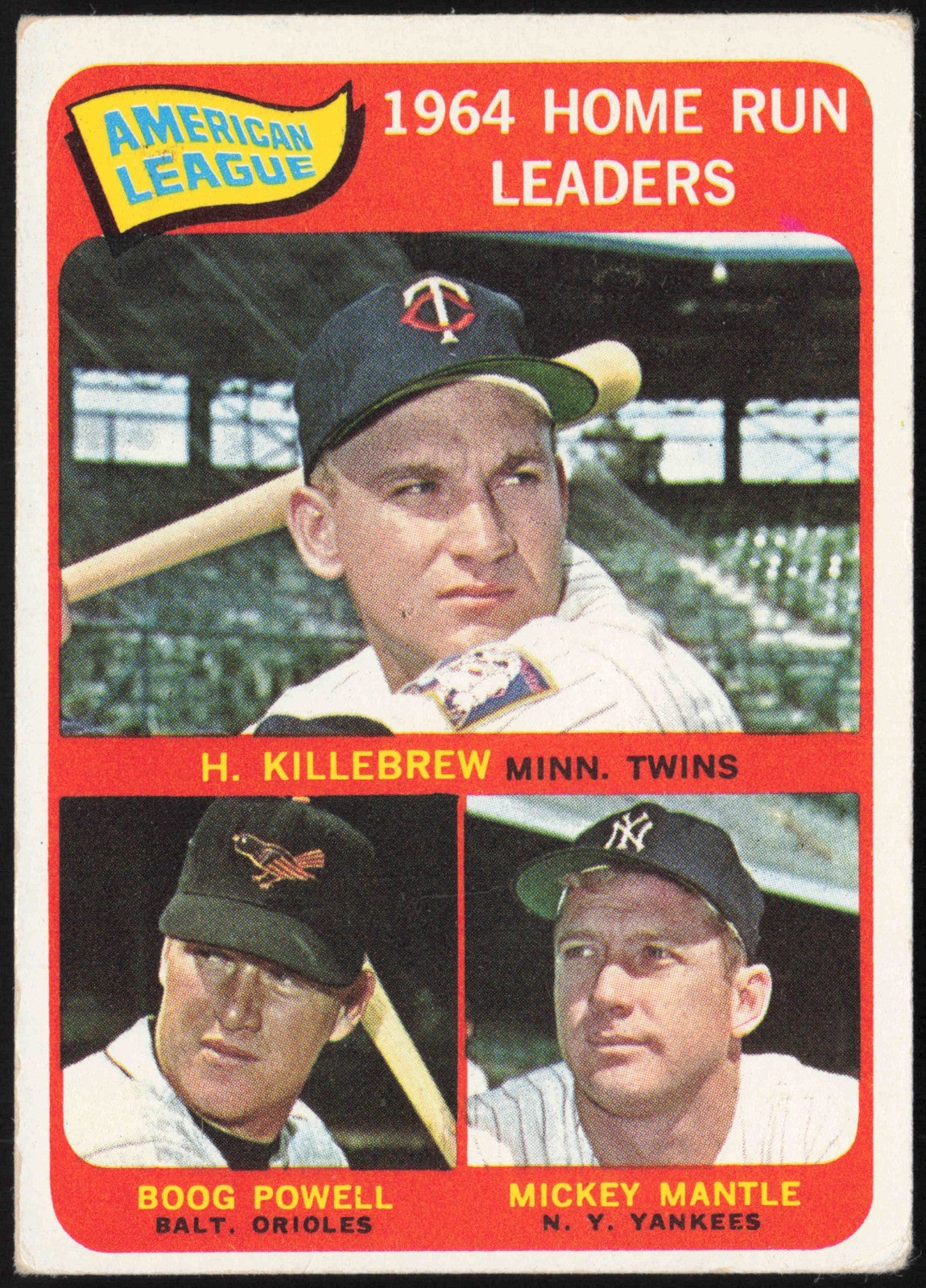 1965 Topps Baseball American League Home Run Leaders Mantle, Killebrew, Powell #3 - front and back