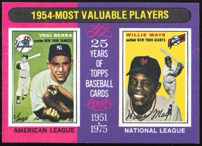1975 Topps Mini Baseball 2-Card Lot 1954 MVPs Berra/Mays #192 & 1961 MVPs Maris/Robinson #199 - #192 front