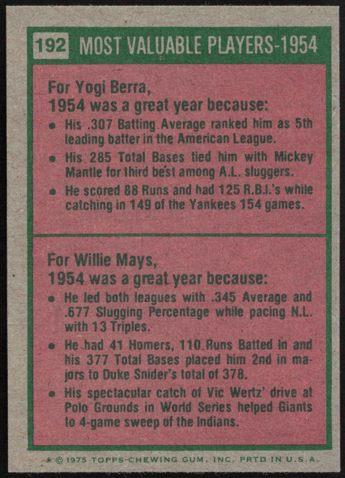 1975 Topps Mini Baseball 2-Card Lot 1954 MVPs Berra/Mays #192 & 1961 MVPs Maris/Robinson #199 - #192 back