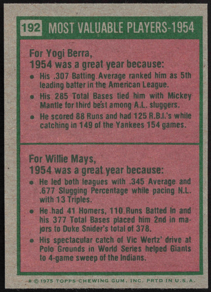 1975 Topps Mini Baseball 2-Card Lot 1954 MVPs Berra/Mays #192 & 1961 MVPs Maris/Robinson #199 - #192 back