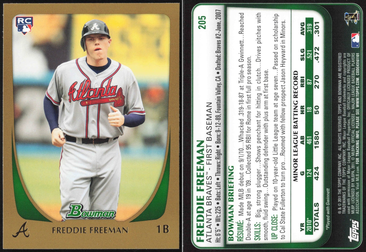 2011 Bowman Baseball Freddie Freeman Gold Rookie #205 - front and back