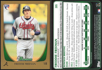 2011 Bowman Baseball Freddie Freeman Gold Rookie #205 - front and back
