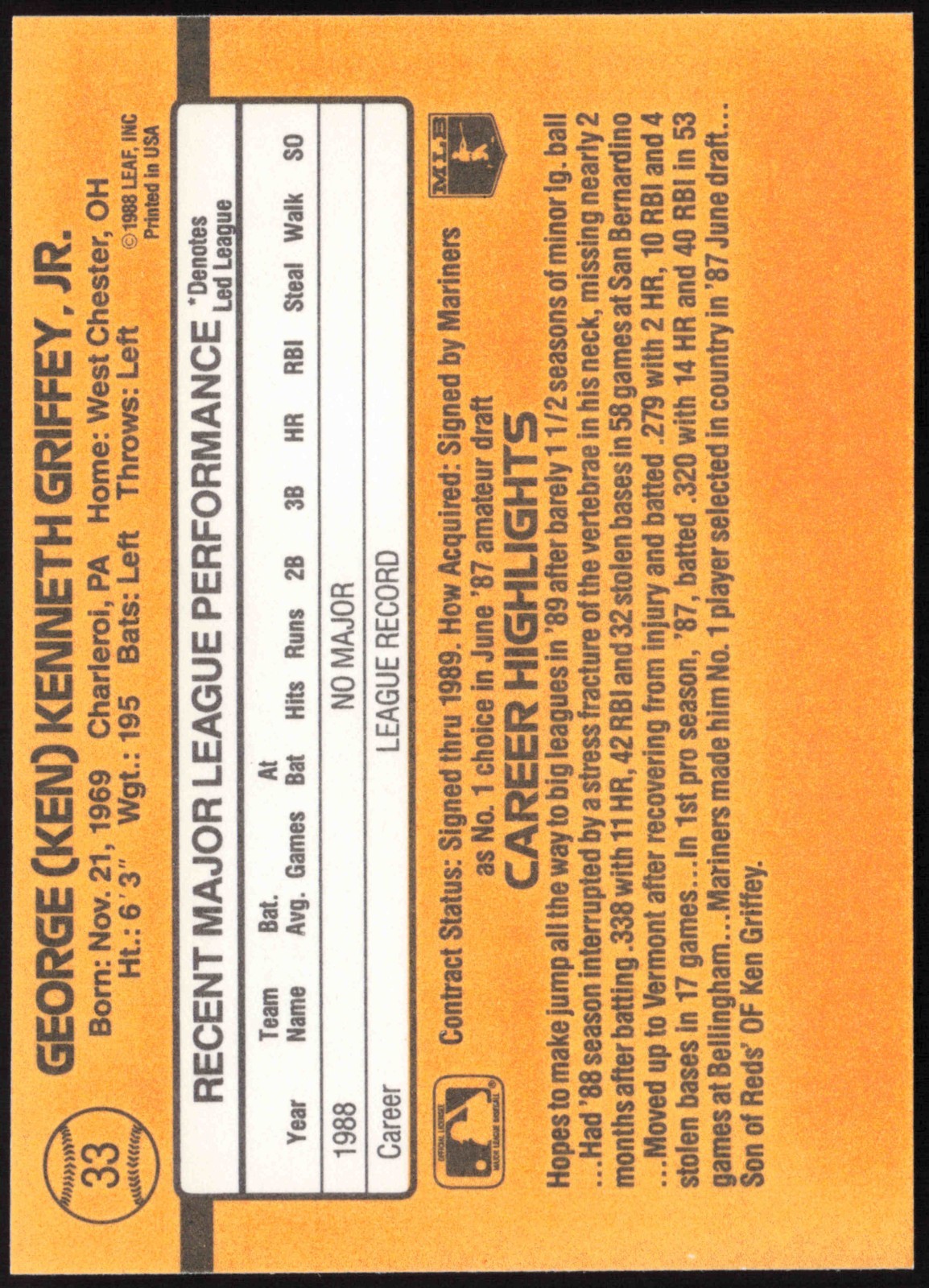 1989 Donruss Baseball Ken Griffey Jr. Rated Rookie #33 - back